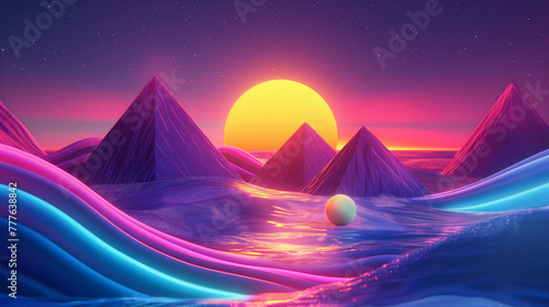 Synthwave Mirage: Neon Pyramids Rising from Cosmic Waves, Generative AI