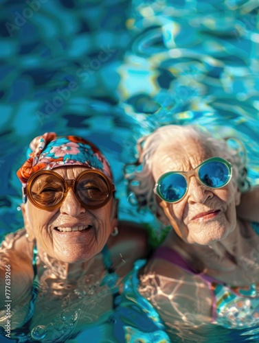 Two senior friends hanging out together in the swimming pool