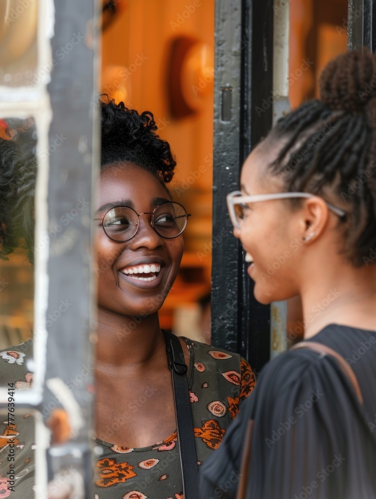 Happy African-American woman and her employee talking and laughing while standing at door of the store Happy African-American woman and her employee talking and laughing while standing at door of the store