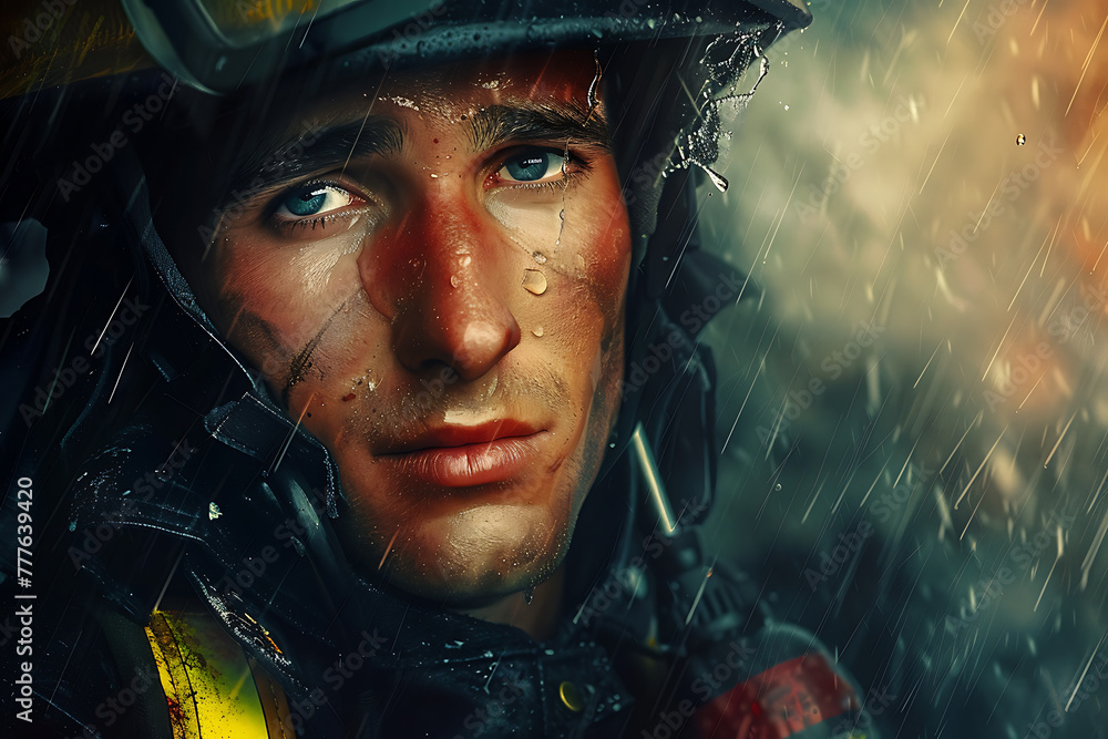 A powerful portrait capturing the determination and bravery of a firefighter, highlighting heroism and commitment in the face of danger A powerful portrait capturing the determination and bravery of a firefighter, highlighting heroism and commitment in the face of danger