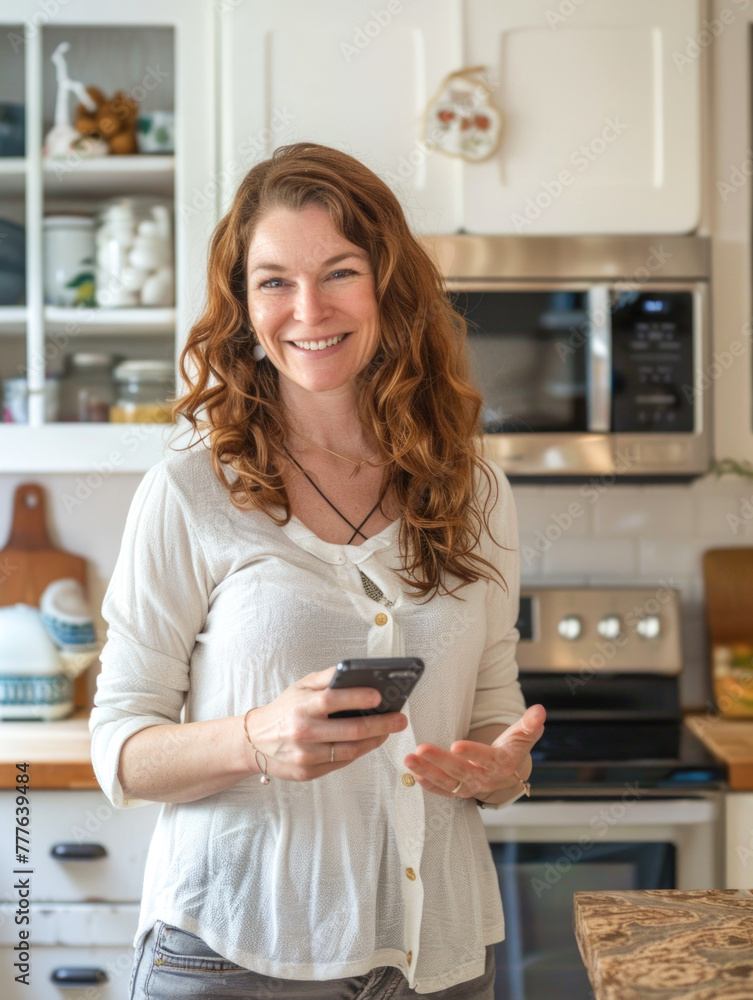 Smiling woman in her 30's standing in kitchen texting on smart phone, communication, wireless technology, the internet Smiling woman in her 30's standing in kitchen texting on smart phone, communication, wireless technology, the internet
