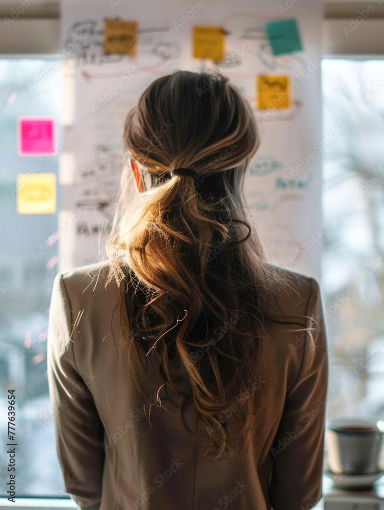 Rear view of a business woman creating a business plan at the office and writing ideas on a board Rear view of a business woman creating a business plan at the office and writing ideas on a board