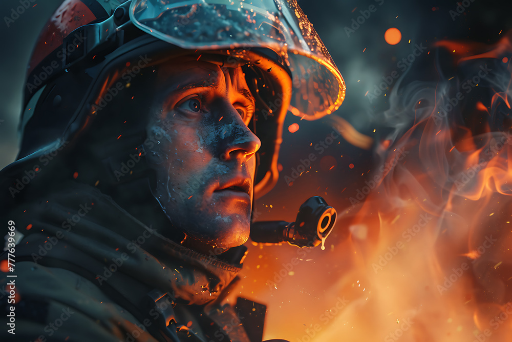 A powerful portrait capturing the determination and bravery of a firefighter, highlighting heroism and commitment in the face of danger A powerful portrait capturing the determination and bravery of a firefighter, highlighting heroism and commitment in the face of danger