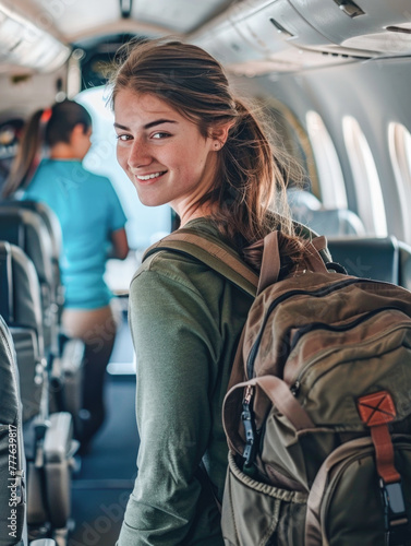 A young woman boards a small commercial airplane, carrying a backpack. She walks down the middle aisle, glances over her shoulder, and smiles at the camera