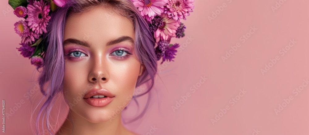 A woman with vibrant purple hair styled with delicate flowers, adding a whimsical touch to her appearance.