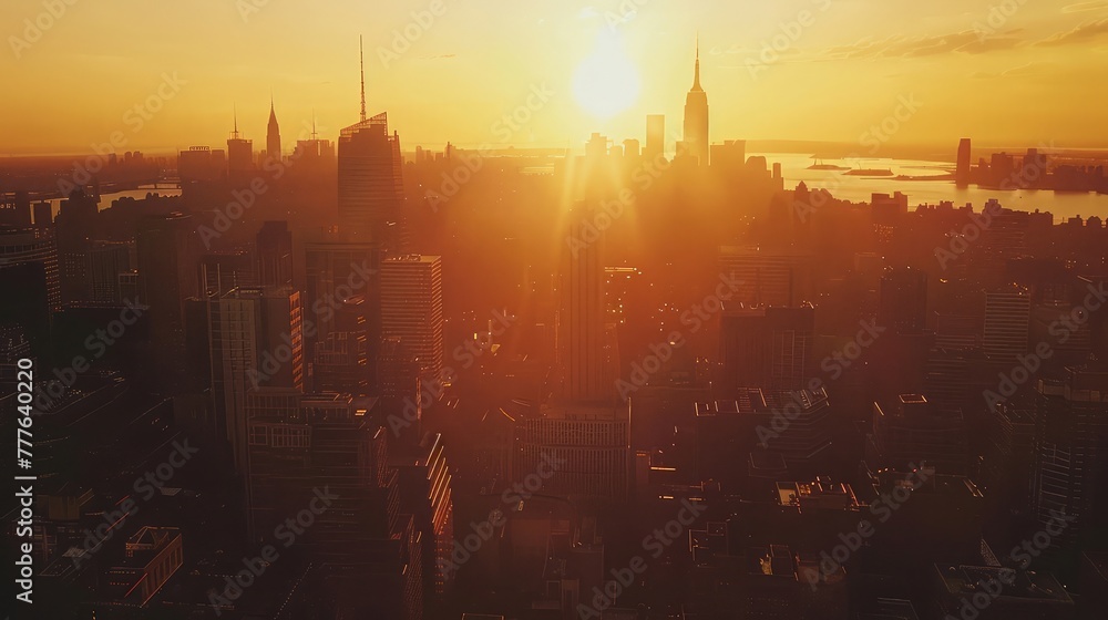 A majestic skyline silhouetted against the golden hues of the setting sun,