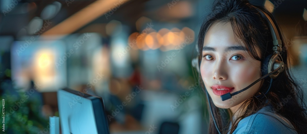 An Asian woman wearing headphones sits in front of a computer, answering customer calls in a call center An Asian woman wearing headphones sits in front of a computer, answering customer calls in a call center