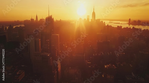 A majestic skyline silhouetted against the golden hues of the setting sun,