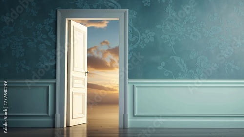 Opened door to bright future  a bright exit door in empty blue room  concept of break through  promising future   copy space.