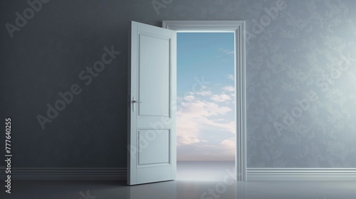 Opened door to bright future, a bright exit door in empty blue room, concept of break through, promising future, copy space.