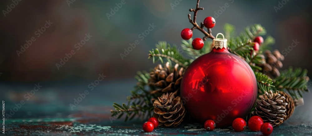 A vibrant red Christmas ornament adorned with pine cones and berries against a neutral background.