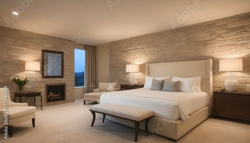 A serene bedroom oasis with a plush king-size bed adorned with crisp white linens, framed by smooth cream-colored stone walls and illuminated by soft bedside lamps and recessed lighting.