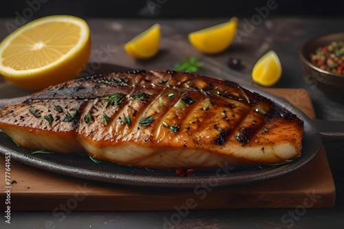Salmon fillet steak cooked over fire with spices, lime and vegetables served on a black plate on a wooden table.