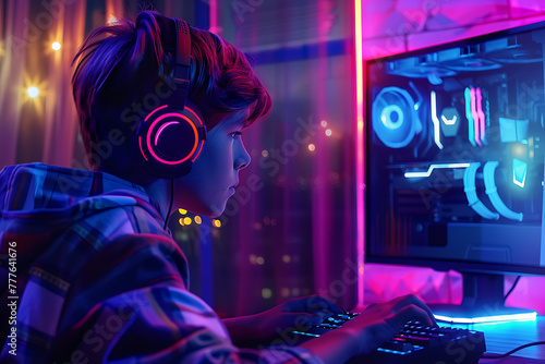 Immerse yourself in the world of gaming as a young boy wearing headphones dives into the excitement of playing video games