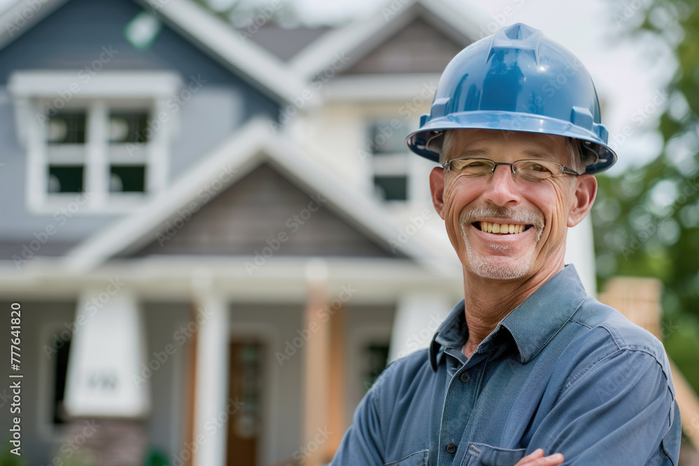 A smiling construction foreman with a hard hat at a building site A smiling construction foreman with a hard hat at a building site