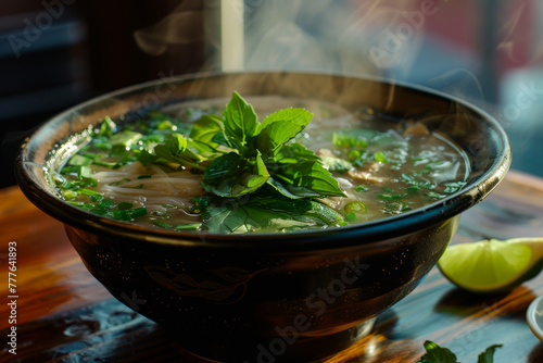 A bowl of soup with green herbs and a lime on the table