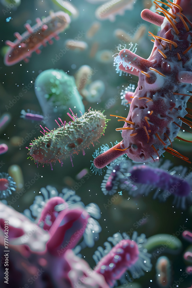 Fototapeta premium colorful bacteria and infections close up under a microscope