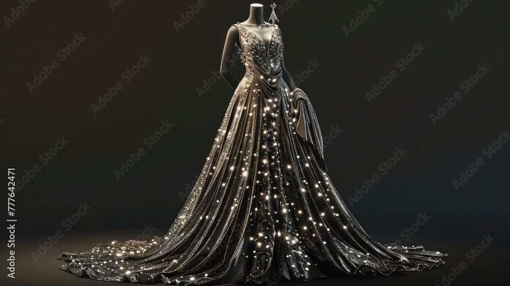A glamorous evening gown with a fitted bodice and flowing skirt, adorned with intricate beadwork and sparkling sequins, 