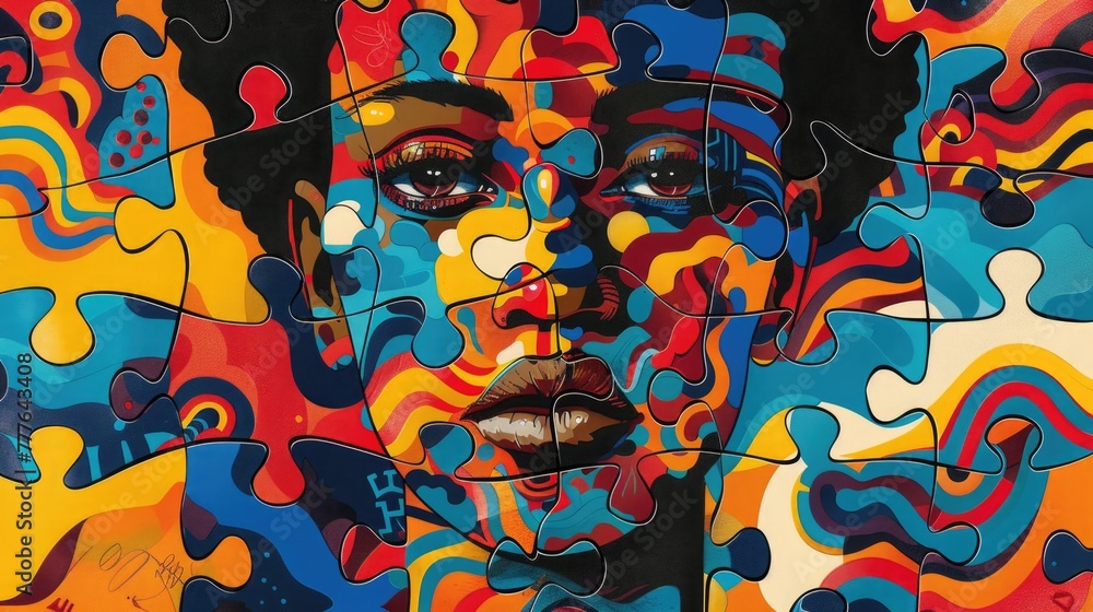 Fototapeta premium Pop art-inspired person with a puzzle-piece body in vibrant colors for emotions related to food, against a bold patterned background