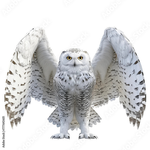 A large Polar owl with its wings spread out in the air isolated on white or transparent background, png clipart, design element. Easy to place on any other background.