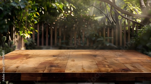 A wooden table with no objects on it and a blurred outdoor garden background. The wooden table provides space for text and can be used for marketing promotions