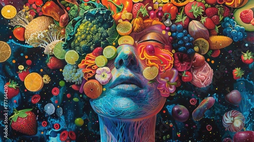 A psychedelic illustration of a person formed from a kaleidoscopic array of food items, that express the chaotic influence of emotions on eating habits. Emotional OverEating Awareness Month.
