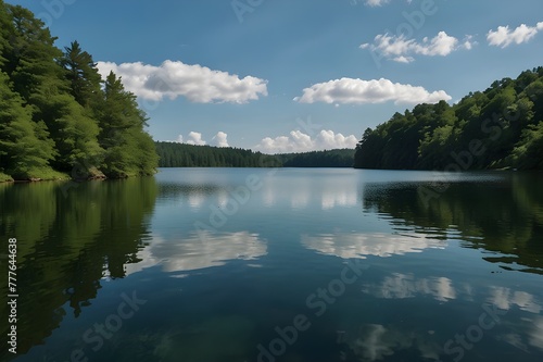 Reflection of trees and white clouds with blue sky in lake © Baloch Arts