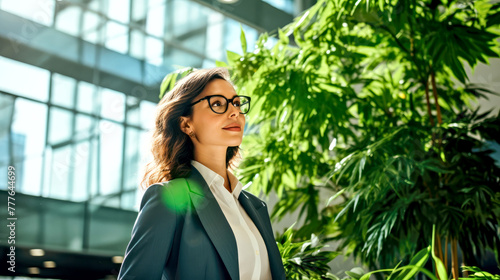 Female startup entrepreneur stands amidst vibrant green foliage in modern office hall. Concept of investment on corporate sustainability and modern technology solutions. Banner. Copy space