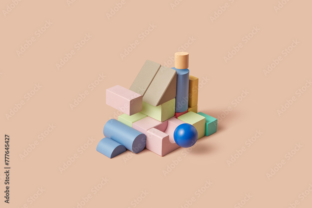 Geometric constructor of wooden bricks arranged in architectural tower ...