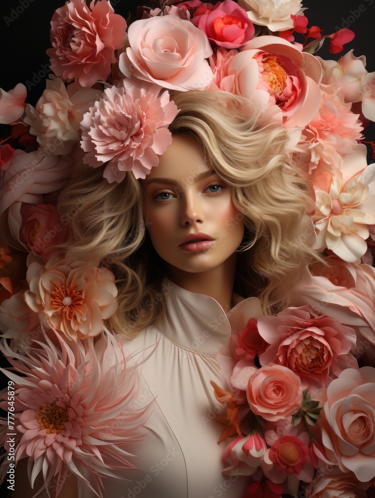 A woman with blonde hair and a pink top is surrounded by pink flowers.