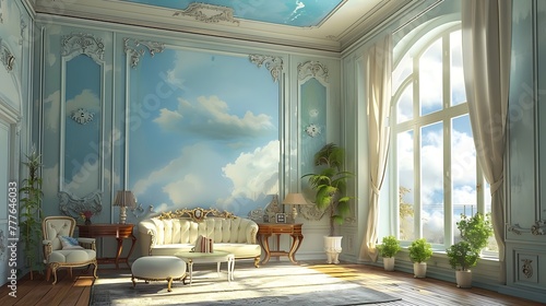 Whimsical fantasy-themed living room with magical elements and a dreamy sky-blue wall texture / AI-generated 3D render attractive look