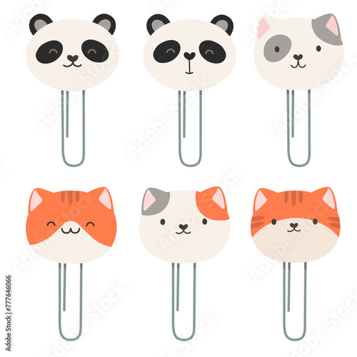 Office clips, collection, paper clips, decor, kitty. Cute cartoon paper clip, emoticon. Cute kittens and pandas. © EkaterinaGr