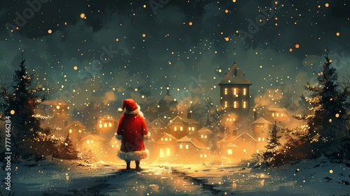 A Christmas background of town houses with Santa Claus in the foreground