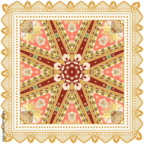 Decorative doodle ornament, symmetric pattern with lace frame. Tribal ethnic mandala decor. Bandana shawl, hijab, tablecloth fabric print, silk neck scarf, kerchief design. Colorful vector background