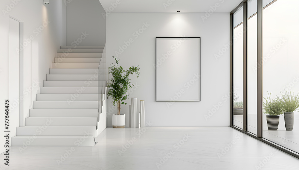 White walls, modern hall, there is a picture frame on the wall, the picture frame is white White walls, modern hall, there is a picture frame on the wall, the picture frame is white