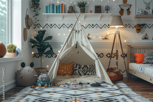  A modern children's play tent in the center of an apartment with large windows, decorated with black and white patterns on the floor, soft toys around it, an orange pillow and beige curtains.  photo