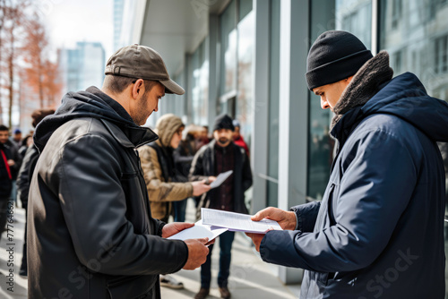 Adult volunteer in warm clothing, man in jacket collecting signatures. Concept of conservation initiative, environmental petition, promoting corporate sustainability outdoors in winter photo