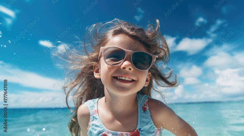 Long range photo of Little girl with sunglasses and inflatable ring in sea on sunny day. Beach holiday, summer. Realistic photo, high detailed