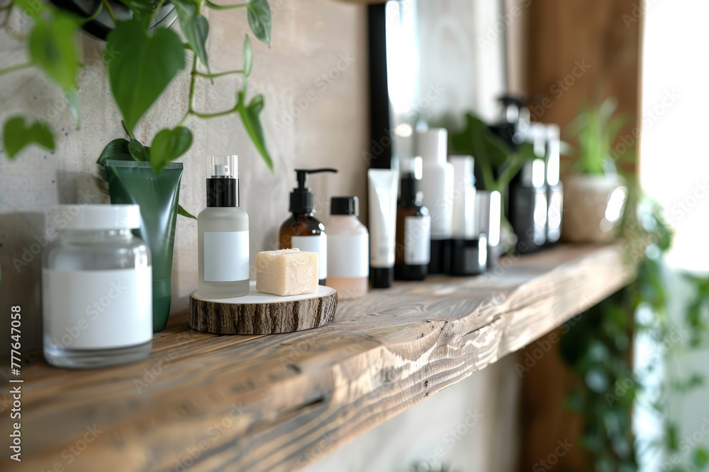A shelf full of various beauty products, including lotions, creams, and sprays A shelf full of various beauty products, including lotions, creams, and sprays
