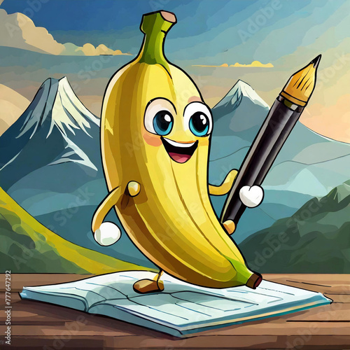 illustration of a cartoon, Banana character on a field trip outdoors photo