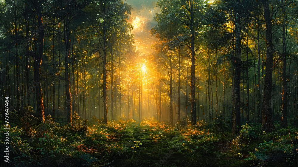 A beautiful forest with tall trees and sunlight shining through the leaves, creating an enchanting atmosphere. Created with Ai