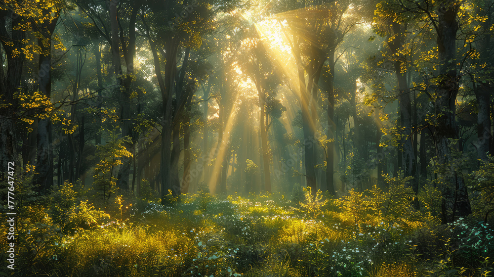 A beautiful forest with sunlight shining through the trees, creating an enchanting and magical atmosphere. Created with Ai