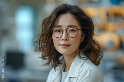 A portrait of a happy and confident Asian businesswoman in a modern office setting wearing glasses.