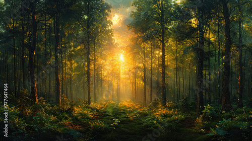 A beautiful forest with tall trees and sunlight shining through the leaves, creating an enchanting atmosphere. Created with Ai