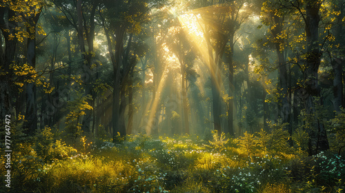 A beautiful forest with sunlight shining through the trees, creating an enchanting and magical atmosphere. Created with Ai