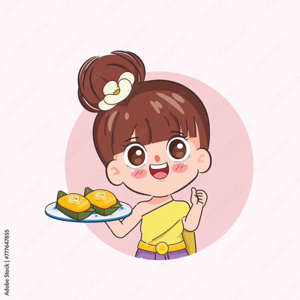 Beautiful Thai woman wearing Thai Traditional dress presenting Kanom Thai dessert with Kanom Tarn. Chibi cartoon doodle vector design. Beautiful Thai woman wearing Thai Traditional dress presenting Kanom Thai dessert with Kanom Tarn. Chibi cartoon doodle vector design.