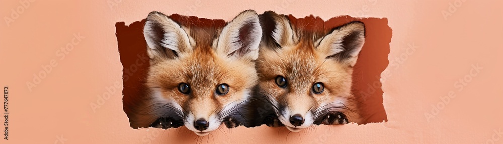 Curious fox cubs muzzle poking through an irregular rip in a peach pastel paper backdrop Curious fox cubs muzzle poking through an irregular rip in a peach pastel paper backdrop