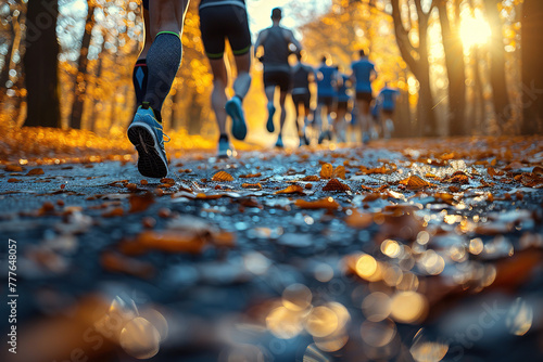 View from the ground of a group of runners in a popular race running through a path with a large grove of trees and golden sunlight illuminates an autumn scene © Gustavo Muñoz
