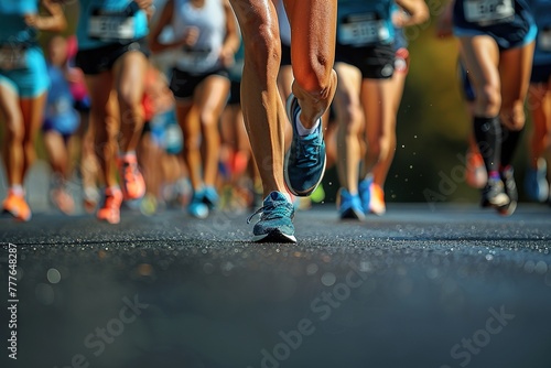 Close-up of the front view of a runner's legs in front of a group of runners in a popular race running on an asphalt road