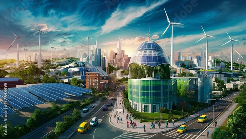 A realistic depiction of a sustainable farm, with renewable energy systems photo